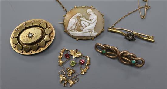 Two gem set bar brooches including a 15ct gold and rose cut diamond, a 9ct pendant, cameo brooch and Victorian brooch